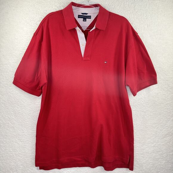 Tommy Hilfiger‎ Polo Shirt Mens XL Red Classic Fit Striped Collar Cotton Casual - Picture 1 of 11